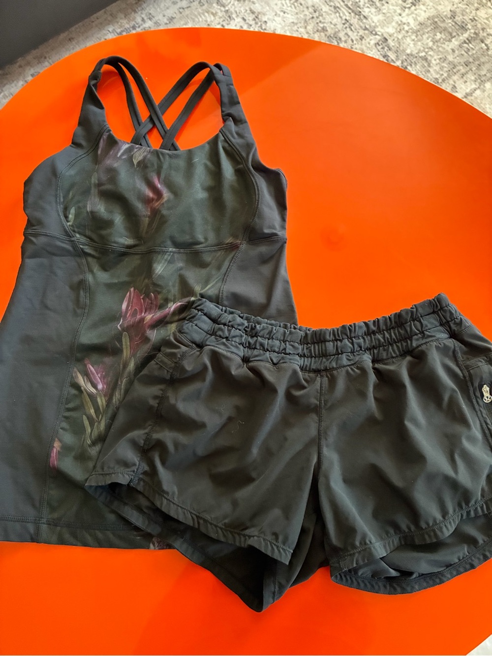 Lululemon Black Floral-Accent Tankini Top and Shorts